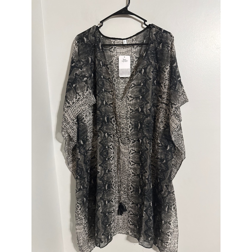 Bon Voyage Snakeskin Print Sheer Kaftan Swim Cover Up Tassel Tie Grey Black OS